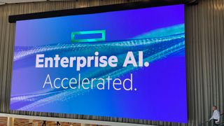 HPE branding promoting enterprise AI products pictured at HPE Discover 2024 in Las Vegas, Nevada.