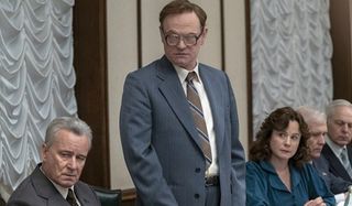 Stellan Skarsgård as Boris Shcherbina, and Jared Harris as Valery Legasov at the trial in HBO's mini