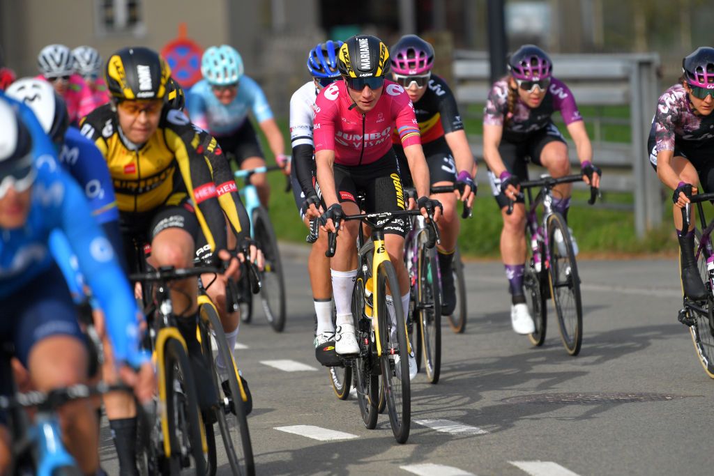 OUDENAARDE BELGIUM APRIL 04 Marianne Vos of Netherlands and Jumbo Visma Women Team Pink UCI Womens WorldTour Leader Jersey during the 18th Ronde van Vlaanderen Tour of Flanders 2021 Womens Elite a 1524km race frim Oudenaarde to Oudenaarde RVV21 rondevanvlaanderen tourofflanders UCIWWT on April 04 2021 in Oudenaarde Belgium Photo by Luc ClaessenGetty Images