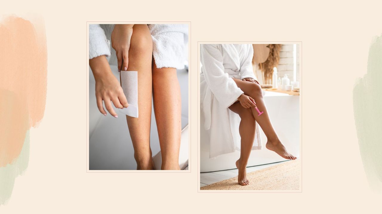 A composite image of a woman waxing vs shaving against a pastel background