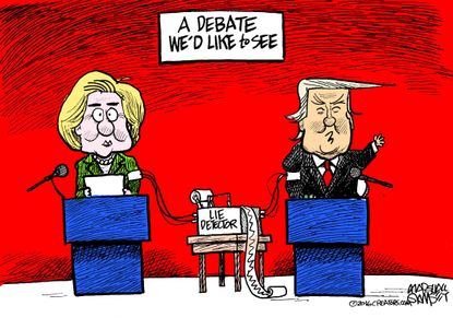 Political cartoon U.S. 2016 election presidential debate lie detector