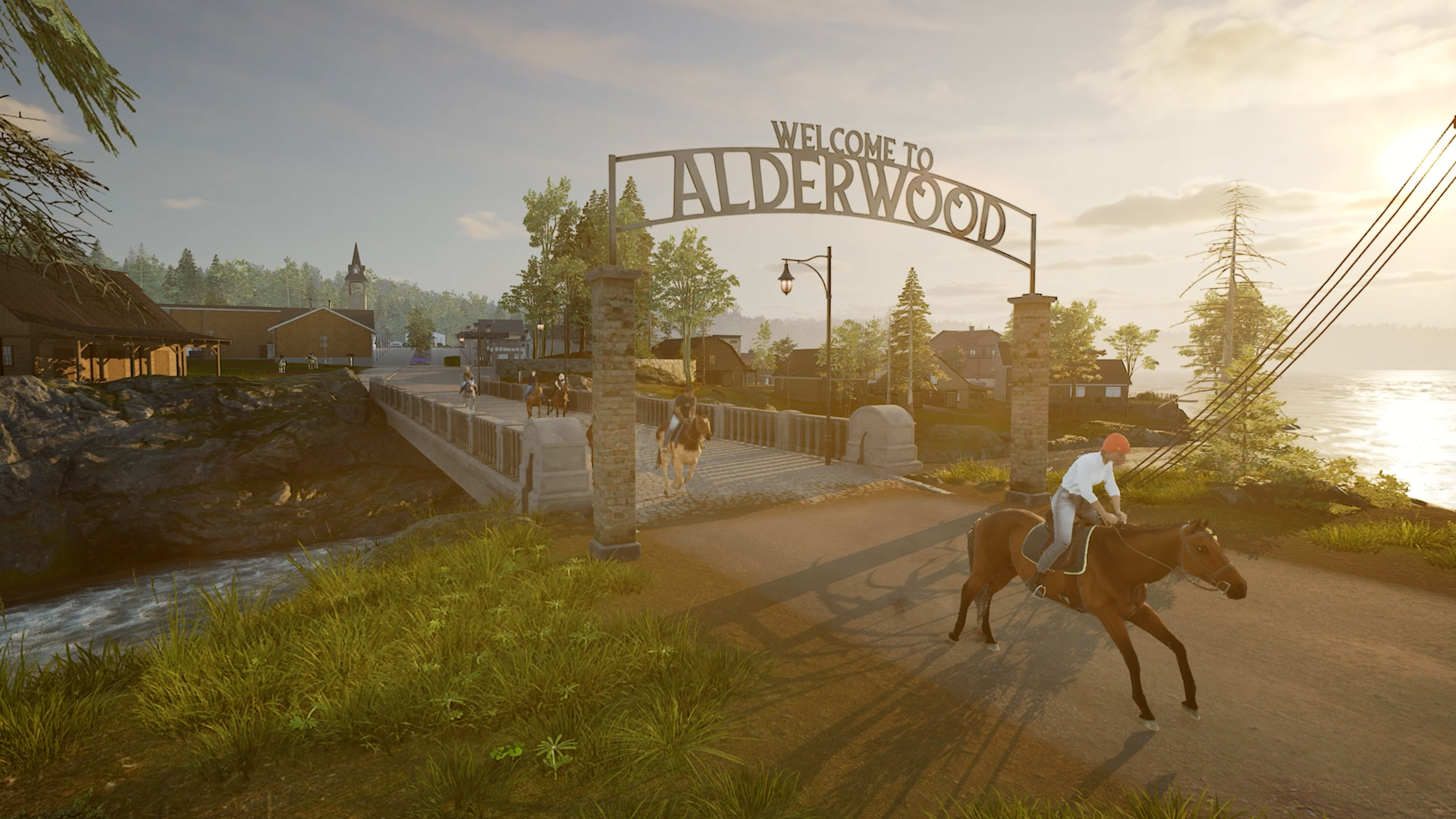 A screenshot shows girls on horses running under a sign that says "Welcome to Alderwood"