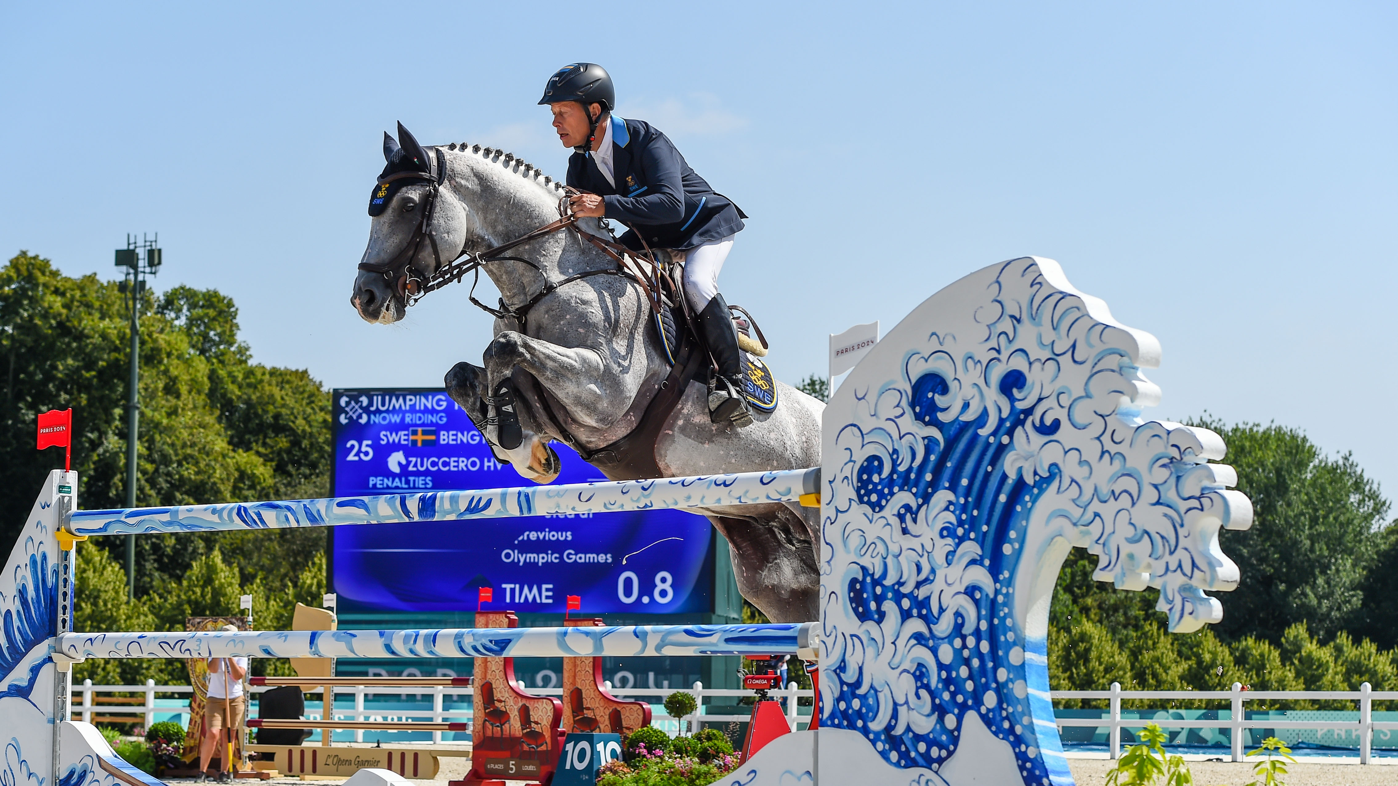 Rolf-G&ouml;ran Bengtsson and Zuccero HV representing Sweden in the Olympic showjumping team qualifier at Paris 2024.