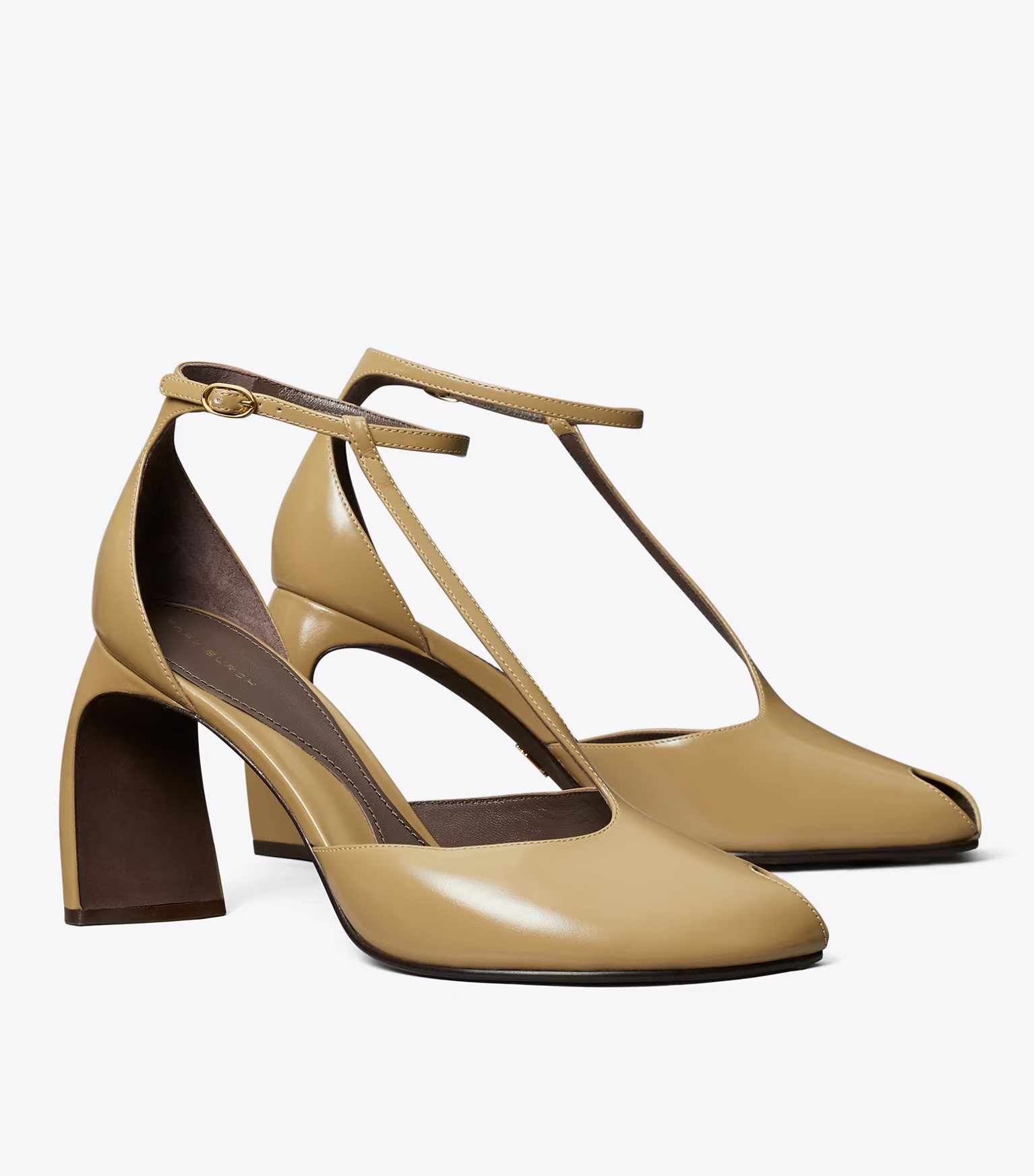 Peep-Toe T-Strap Heeled Sandal in Brown, Size 9.5