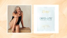 A golden painted backdrop containing an image of a woman with grey hair in a black camisole with bare legs sitting on a wooden box, beside an image of exfolite treatment for legs 