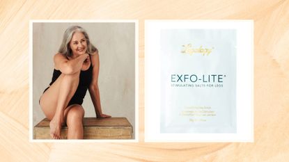 A golden painted backdrop containing an image of a woman with grey hair in a black camisole with bare legs sitting on a wooden box, beside an image of exfolite treatment for legs