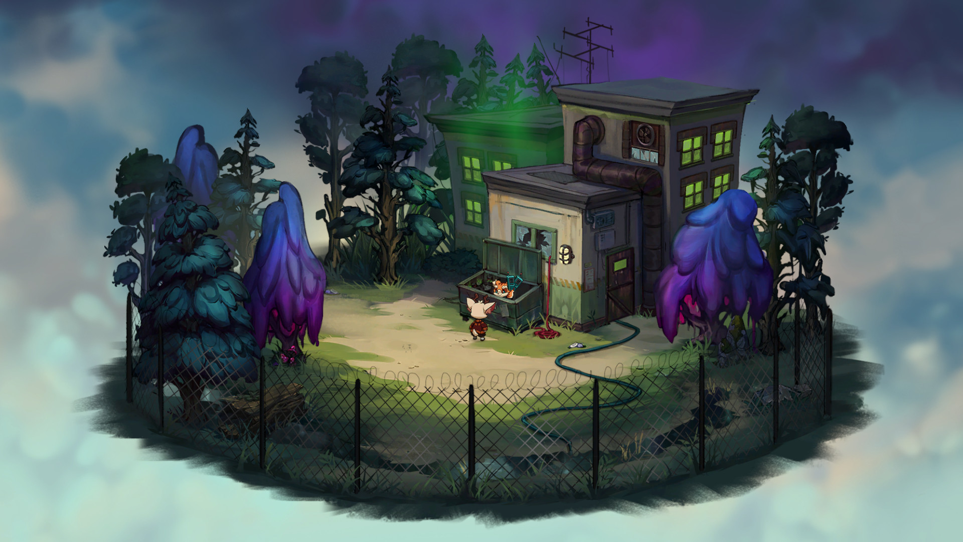 In cute and creepy adventure Beacon Pines, a scene in a storybook can be seen that shows protagonist Luka and his friend dumpster diving behind an old run-down building in the woods
