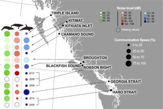 1) Illustrations of the effects of noise on three whale species on the British Columbia coast.