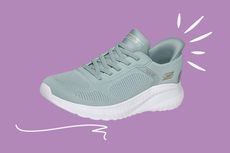 Pale green Skechers trainer shown on a purple background, featuring a lightweight knit upper and cushioned sole designed for everyday comfort.