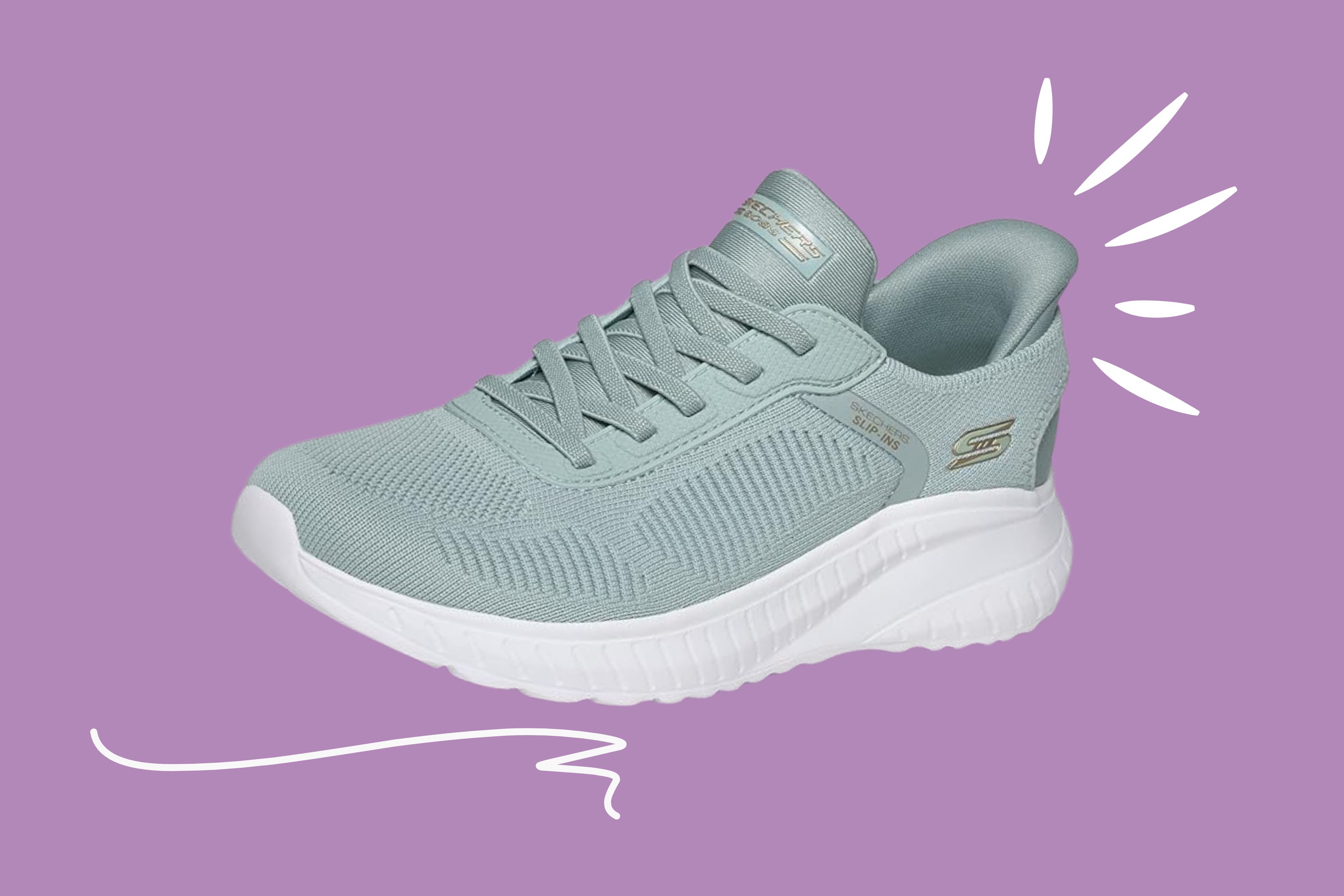 Pale green Skechers trainer shown on a purple background, featuring a lightweight knit upper and cushioned sole designed for everyday comfort.