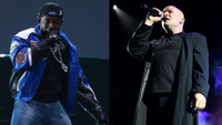 Kendrick Lamar performing at the Super Bowl LIX halftime show at Caesars Superdome on February 9, 2025 in New Orleans, Louisiana. And David Draiman performing with Disturbed on July 18, 2023 in Wheatland, California.