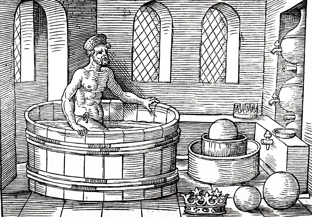 Woodblock engraving depicting Archimedes in a bathtub. A crown lies on the floor in front of him. Another crown is up on a ledge