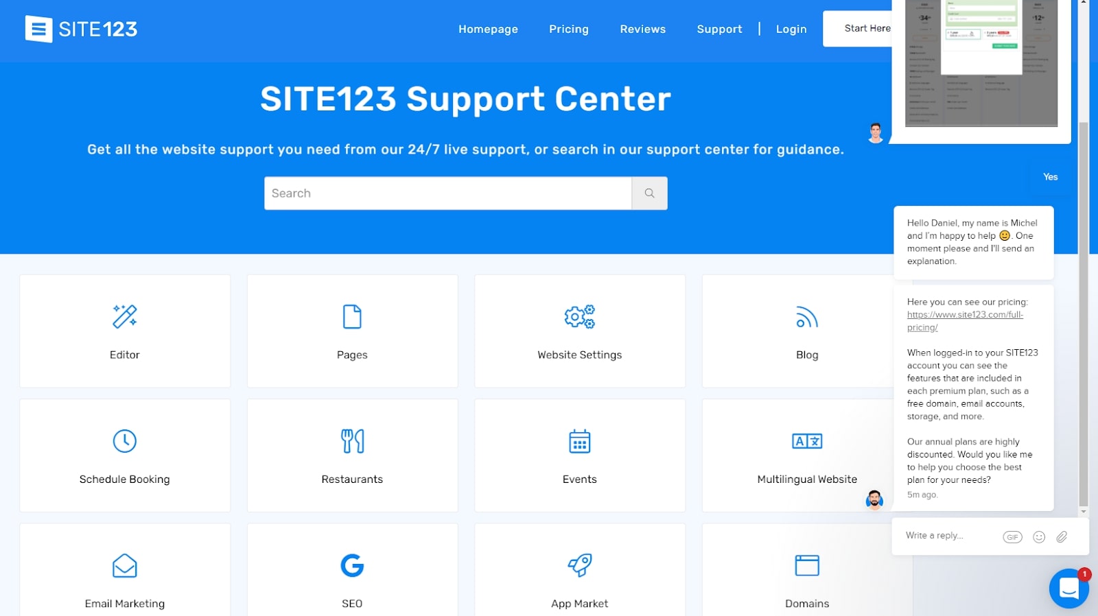 Site 123 Support Center Web Page.