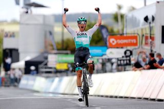 SAUGUES FRANCE MAY 31 Lukas Pstlberger of Austria and Team Bora Hansgrohe stage winner celebrates at arrival during the 73rd Critrium du Dauphin 2021 Stage 2 a 1728km stage from Brioude to Saugues 935m UCIworldtour Dauphin on May 31 2021 in Saugues France Photo by Bas CzerwinskiGetty Images