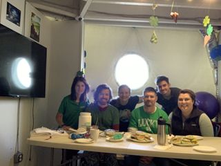 The Selene IV crew celebrates St. Patrick's Day during their lunar analog mission at HI-SEAS with green and clover shaped pancakes.