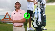 Austin Smotherman holds a trophy, with a close up of his golf bag