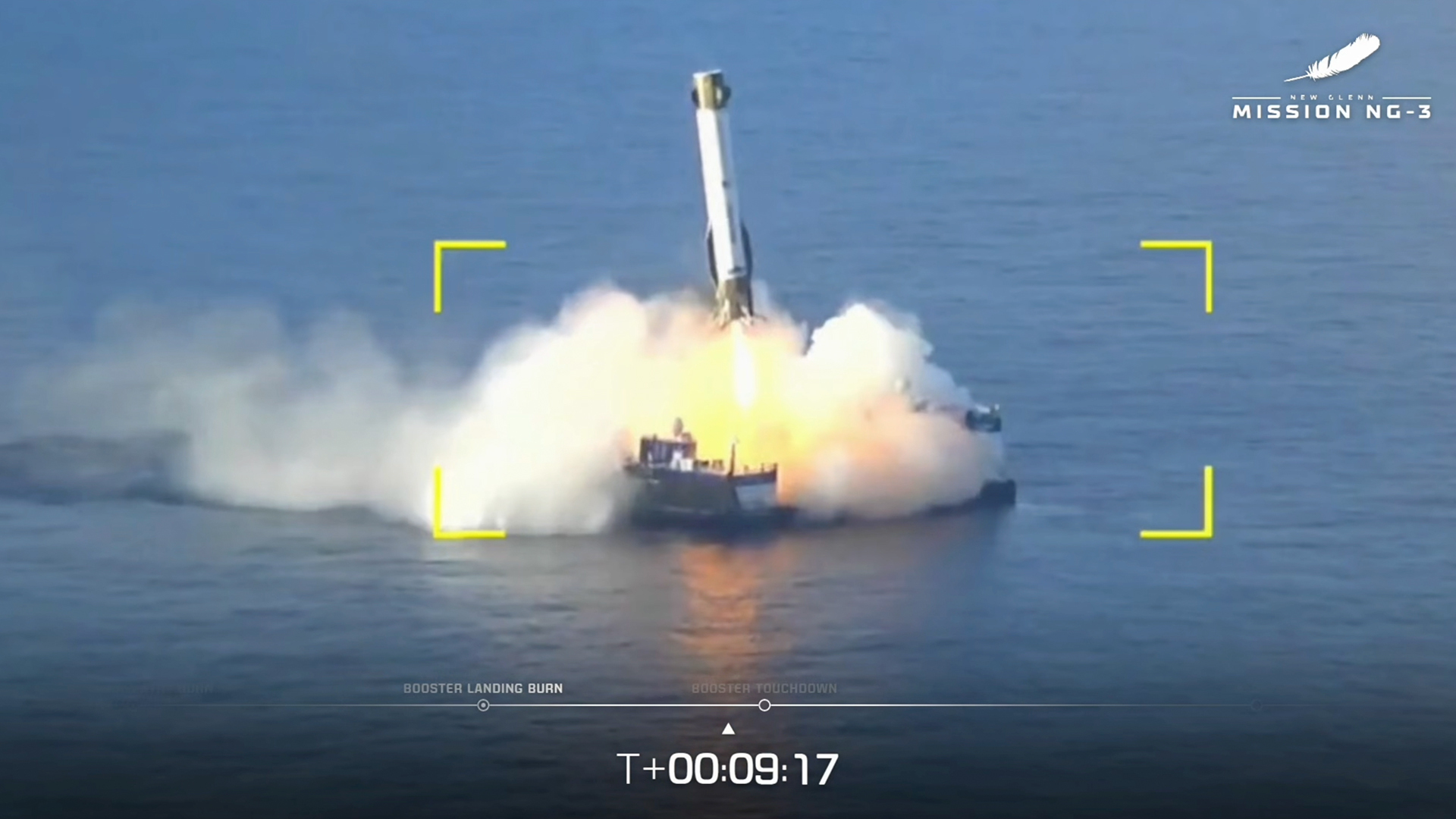 Blue Origin's NG-3 rocket booster lands onthe droneship Jacklyn in the Atlantic Ocean on April 19, 2026.