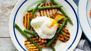 Griddled asparagus sweet potato and poached egg salad