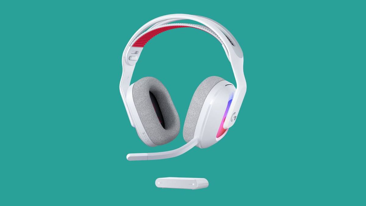 A Logitech gaming headset on a green background.
