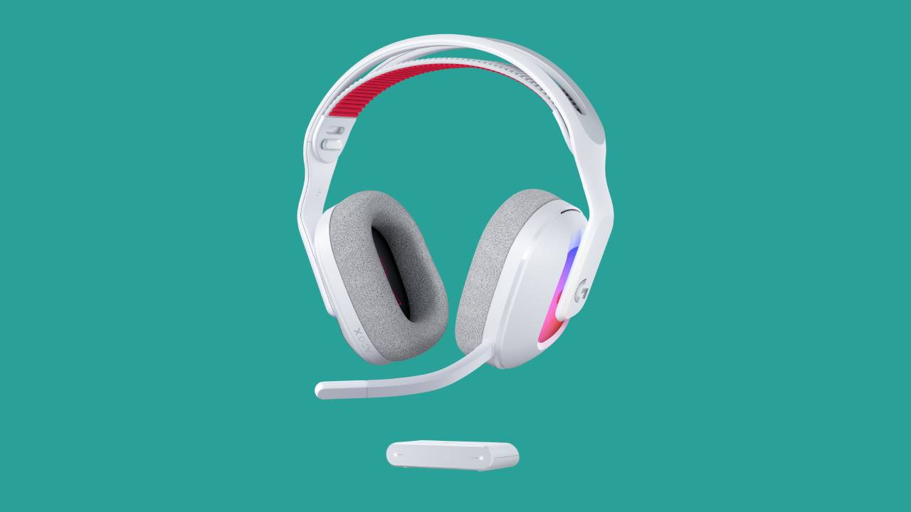 A Logitech gaming headset on a green background.