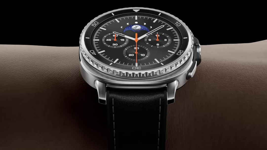 Close up product shot of the Samsung Galaxy Watch Classic on a dark background showing the clicky bezel and side case buttons