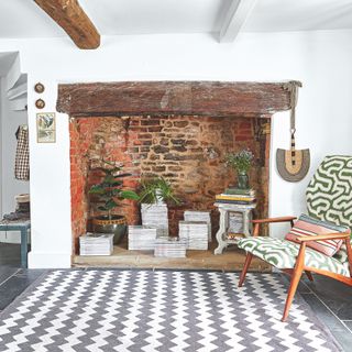large fireplace filled with magazines and plants