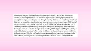 A paragraph of marketing copy from a Laser Quest website, rendered in a formal serif typeface, set against a pink gradient background