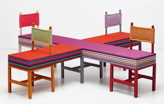 Coloured cross shaped Bench and chairs