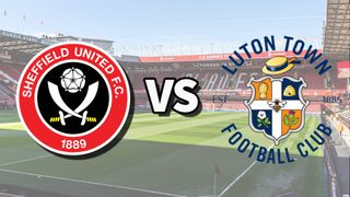 The Sheffield United and Luton Town club badges on top of a photo of Bramall Lane stadium in Sheffield, England