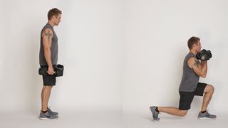 Jessie Pavelka demonstrating two positions of the lunge with biceps curl dumbbell exercise