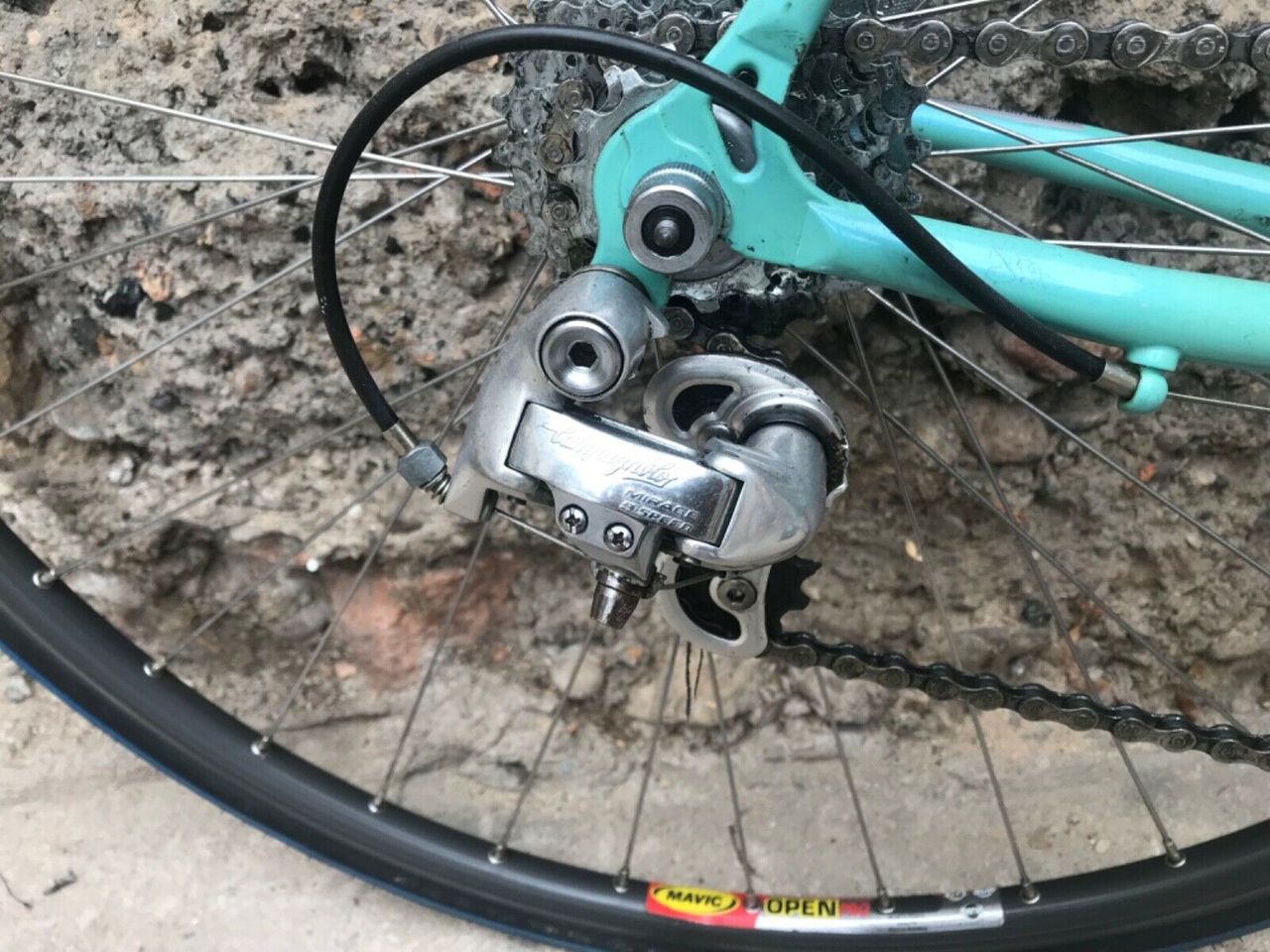 A short-cage Mirage rear mech, plus the Mavic Open Pro rims