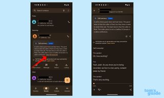 Reading the full transcript of a phone call generated by the Call Notes feature of a Pixel 9