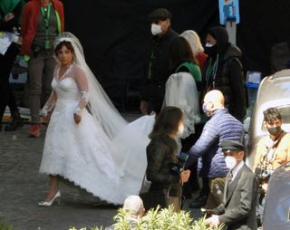 ROME, ITALY - APRIL 08: Lady Gaga entering the church, wearing a bride gown on the set of "House of Gucci" on April 8, 2021 in Rome, Italy. (Photo by MEGA/GC Images)