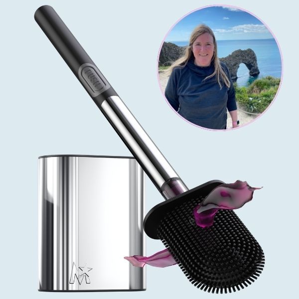 The Moostar Silicone Head Stainless Steel Toilet Push Brush, with an inset portrait of the tester.