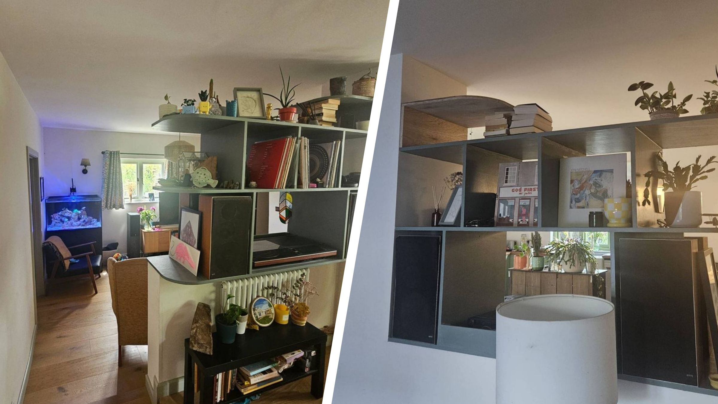 Spliced image showing either side of the mid=century inspired room divider I made