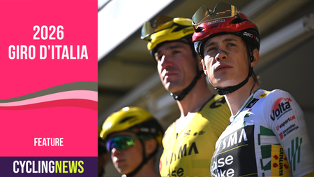 Jonas Vingegaard on stage during sign on before a stage of the Volta a Catalunya, overlaid with a Giro d'Italia pink graphic banner