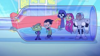 The Teen Titans trapped in a bottle on Teen Titans Go!