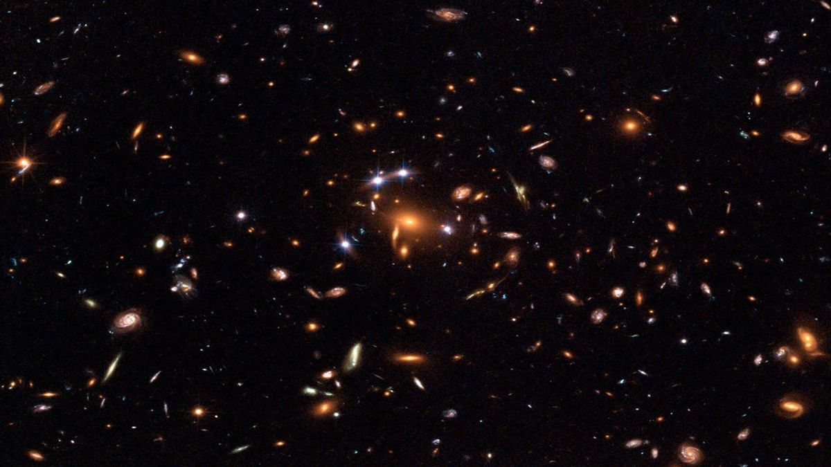 A view of galaxies warped against a dark background.