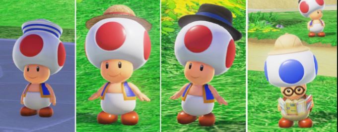 A photo of different toads in different hats