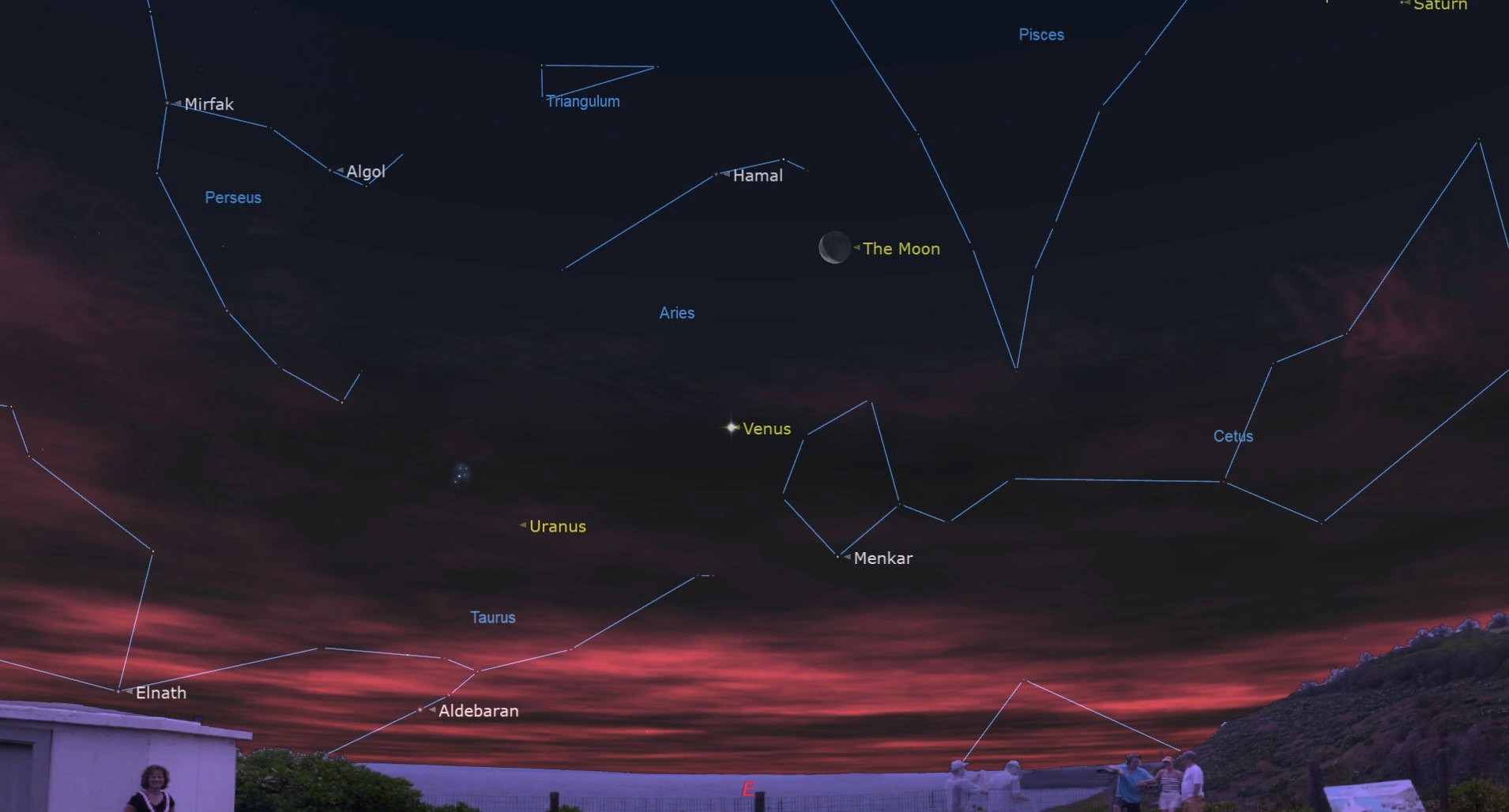 Night sky map showing a Crescent Moon crossing Venus.