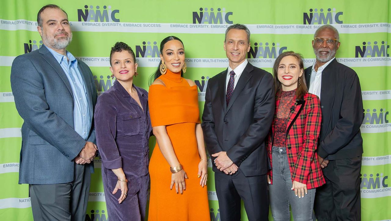 At the NAMIC National Town Hall Meeting &ldquo;The Power of Diverse Storytelling Through a Sports Lens&rdquo; (l. to r.): Gustavo Coletti, ESPN; Mich&egrave;le Stephenson, co-director, ESPN&rsquo;s Play; Angela Rye, ESPN contributor; Jimmy Pitaro, chairman, ESPN &amp; Sports Content, Disney; Shima Oliaee, creator, writer and producer, 30 for 30 Podcasts: Pink Card; and Joe Brewster, co-director, Play.