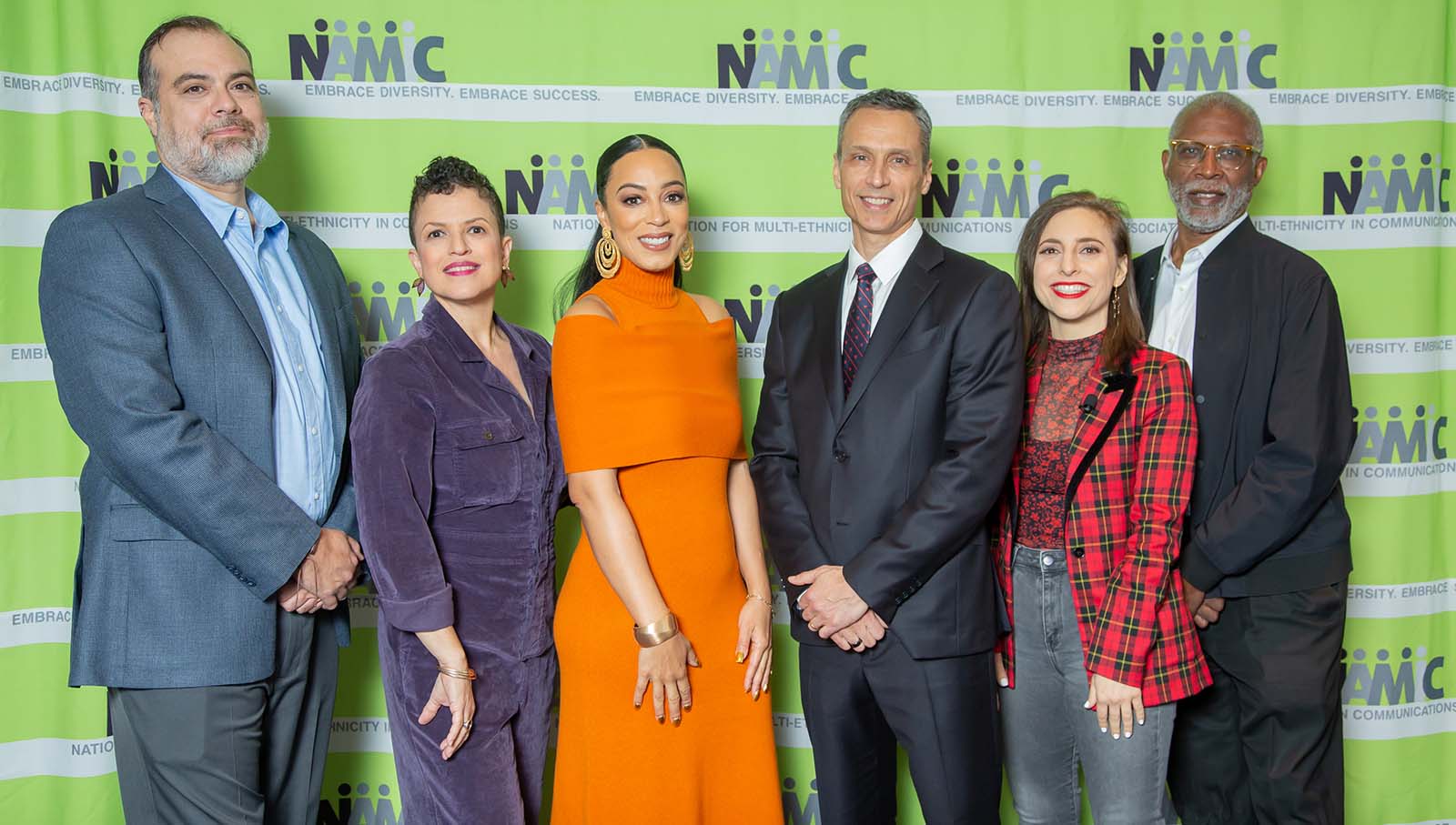 At the NAMIC National Town Hall Meeting “The Power of Diverse Storytelling Through a Sports Lens” (l. to r.): Gustavo Coletti, ESPN; Michèle Stephenson, co-director, ESPN’s Play; Angela Rye, ESPN contributor; Jimmy Pitaro, chairman, ESPN & Sports Content, Disney; Shima Oliaee, creator, writer and producer, 30 for 30 Podcasts: Pink Card; and Joe Brewster, co-director, Play. 