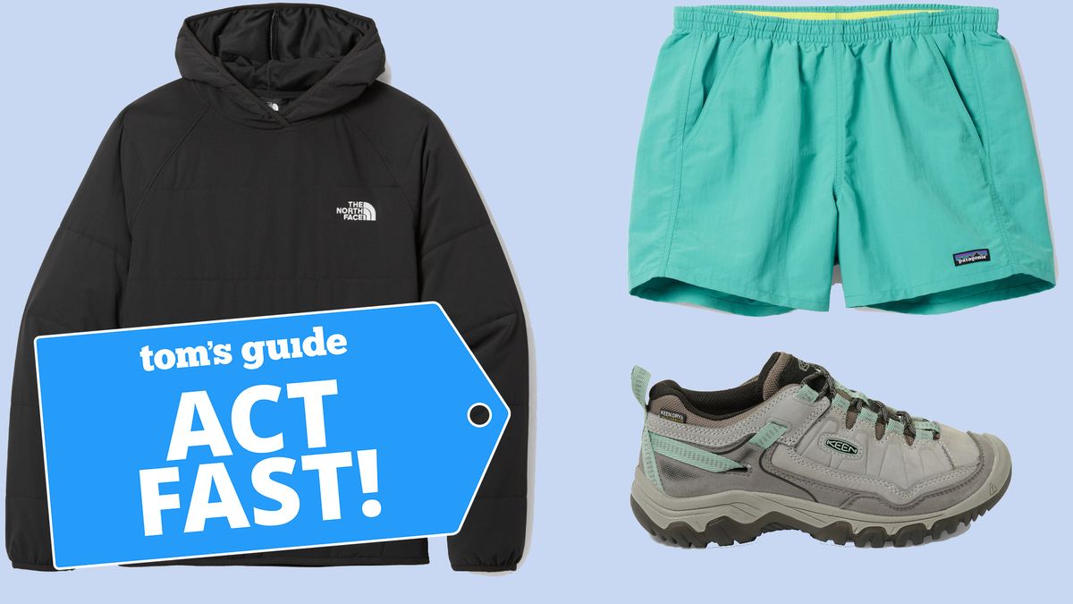 North Face jacket, Patagonia shorts, and a Keen sneaker shown side by side