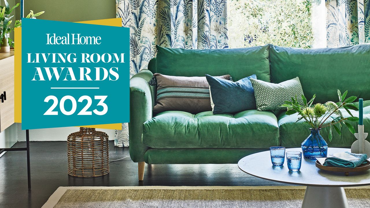 Green living room with Ideal Home living room awards 2023 badge