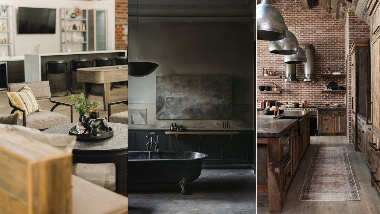 Three industrial-style rooms: a living room, bathroom and kitchen