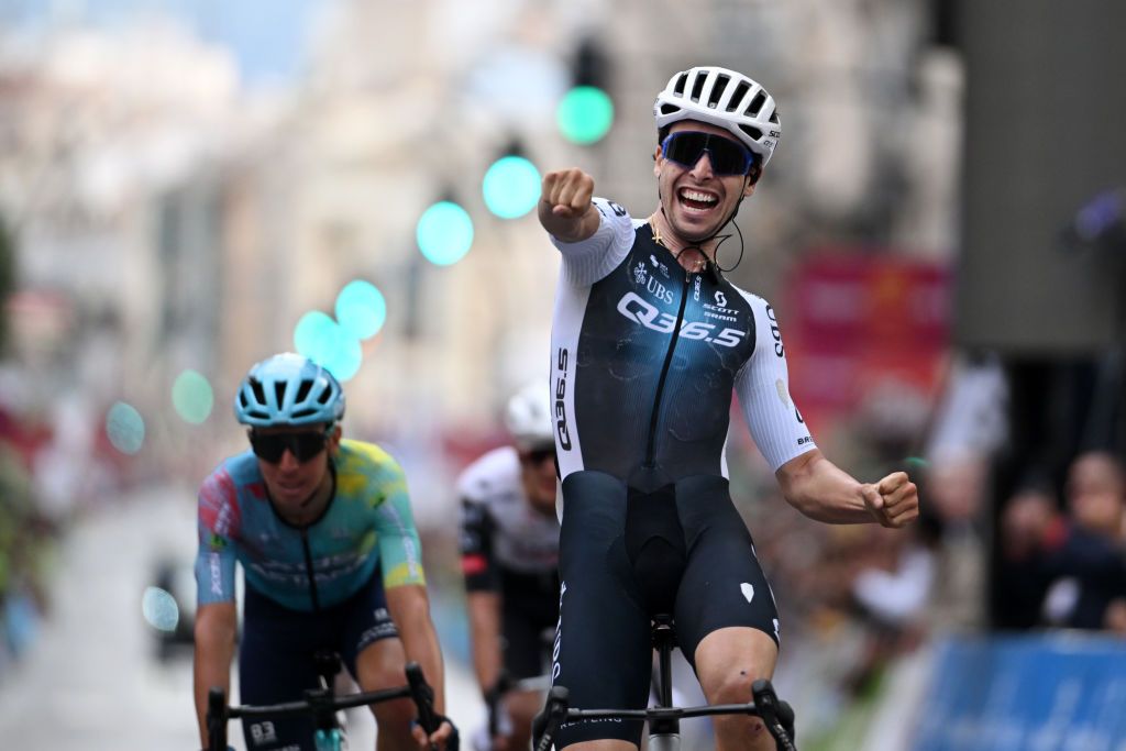 MURCIA SPAIN FEBRUARY 15 Fabio Christen of Switzerland and Team Q365 Pro Cycling celebrates at finish line as race winner during the 45th Vuelta Ciclista a la Regin de Murcia Costa Calida 2025 a 1996km one day race from Jumilla to Murcia on February 15 2025 in Murcia Spain Photo by Tim de WaeleGetty Images