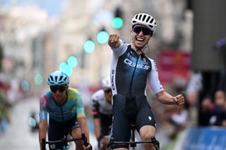 Tour de Murcia 2025: Switzerland's Fabio Christen of Team Q365 Pro Cycling celebrates at finish line as race winner 