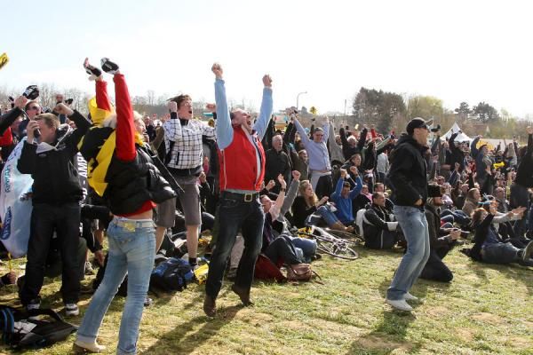 Belgian fans celebrate Tom Boonen's victory