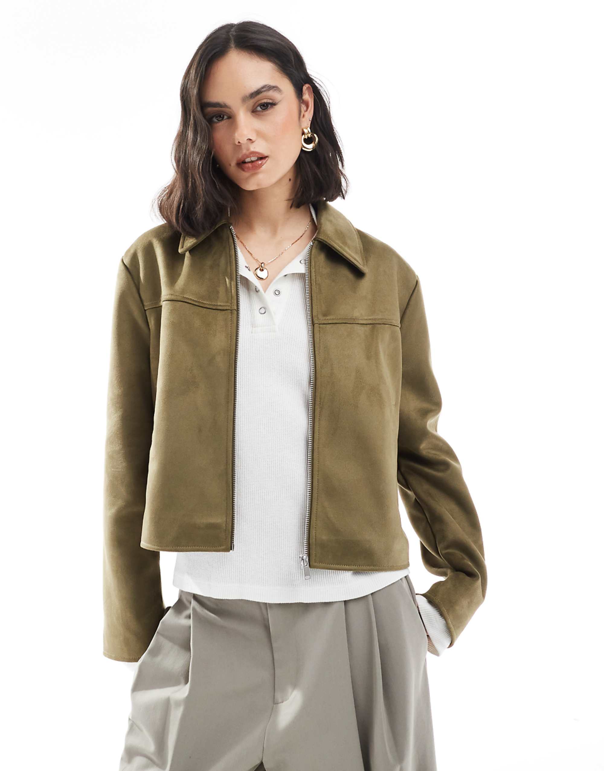 Asos Design Faux Suede Top Collar Jacket in Olive