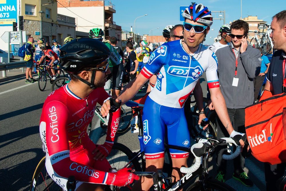 Davide Cimolai (FDJ) and Nacer Bouhanni (Cofidis) after stage 1 at Volta Catalunya
